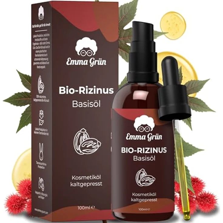 Emma Grün® Rizinus Öl Kaltgepresst 100ml - 100% reines Bio-Rizinusöl für Haare, Haut & Nagelpflege - Stärkt Wimpern & Augenbrauen - Pipette und Pumpe für präzise Dosierung - Vegan & tierversuchsfrei – Bild 1