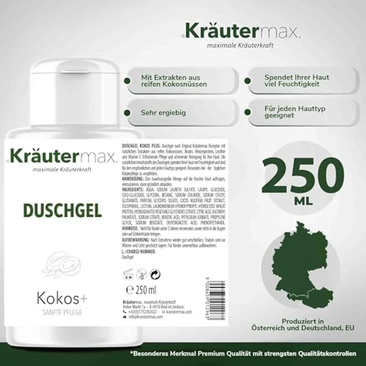 Kräutermax Kokos Duschgel, 250 ml mit natürlichen Extrakten, feuchtigkeitsspendend und hautschonend – Bild 4