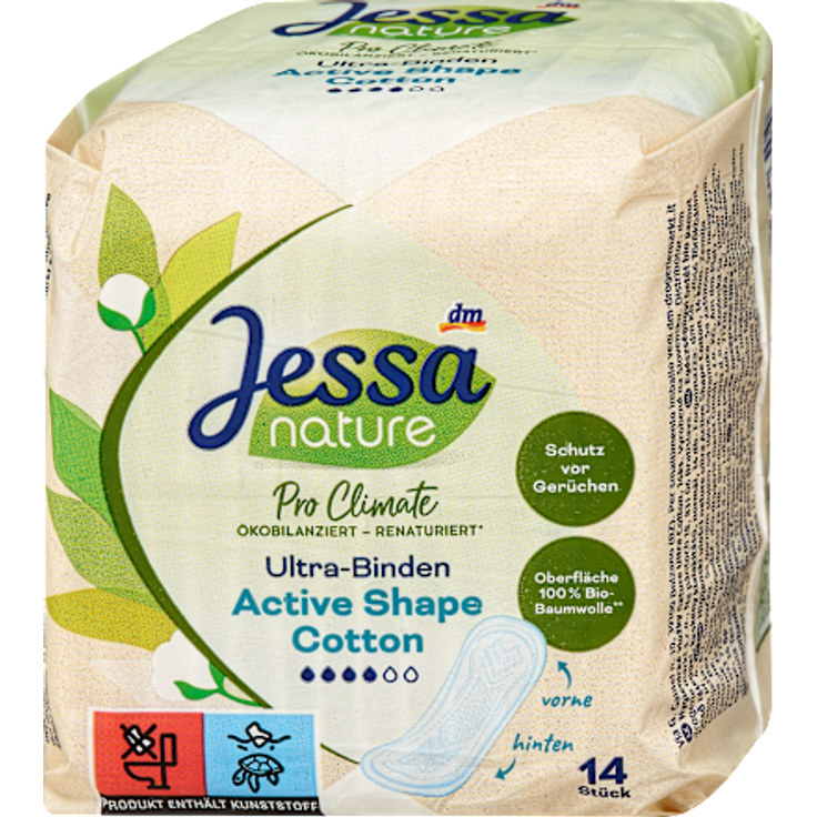 Jessa Ultra-Binden Active Shape – 14 Stück, ohne Flügel, mit Bio-Baumwolle, geruchsbindend & pro climate-ökobilanziert