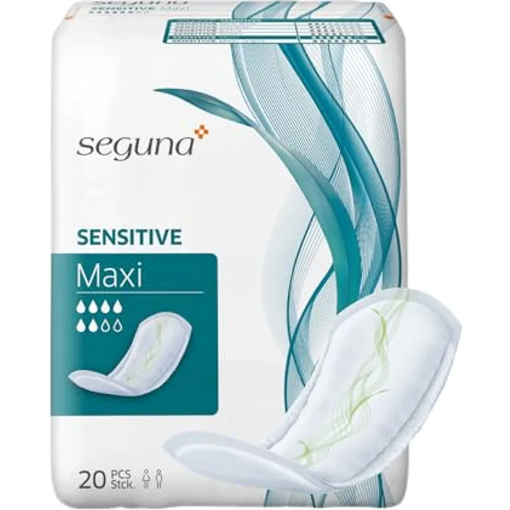 SEGUNA Sensitive Maxi Inkontinenzeinlagen, 20 Stück für mittlere Inkontinenz, 870 ml Saugleistung, Samtweiches Innenvlies, 38 x 13 cm