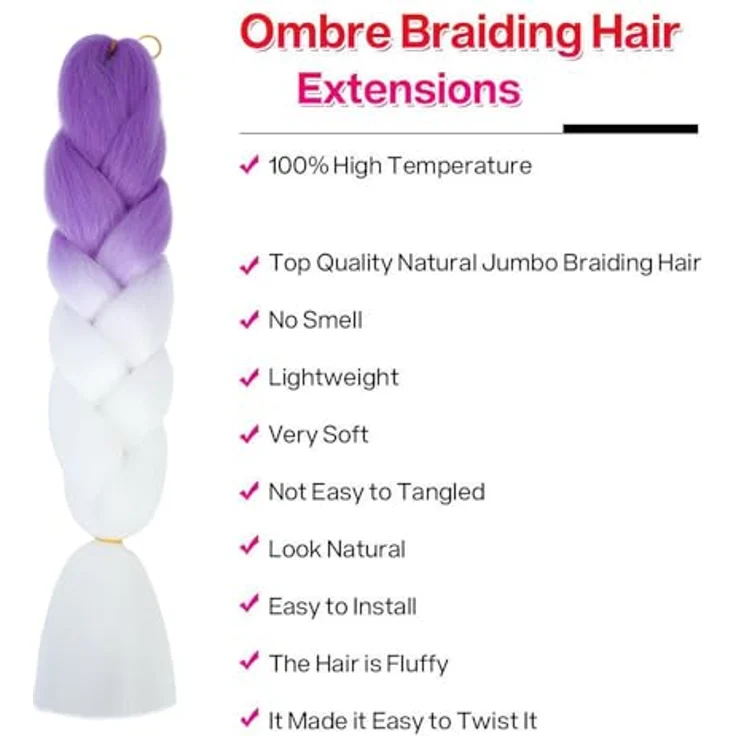 Shangxiu Braid Kunsthaar zum Einflechten, 3 Packs Braids Extensions, 24" lila-weiß, hitzebeständig, Yaki gerade Textur – Bild 4