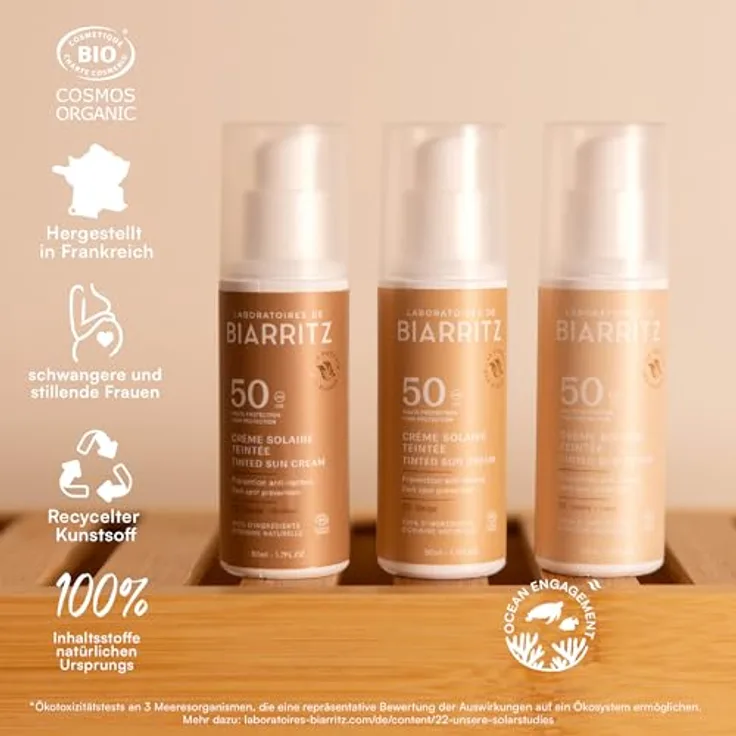 Laboratoires de Biarritz Getönte Sonnencreme Gesicht Beige LSF50 Bio-zertifiziert Hydriert Mattiert 50 ml Made in France