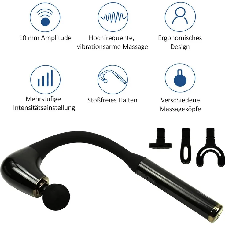 @tec U-förmiges Massagegerät, kabellose Massagepistole mit 10 mm Amplitude, 4 Aufsätzen und 5 Intensitätsstufen