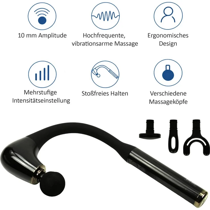 @tec U-förmiges Massagegerät, kabellose Massagepistole mit 10 mm Amplitude, 4 Aufsätzen und 5 Intensitätsstufen