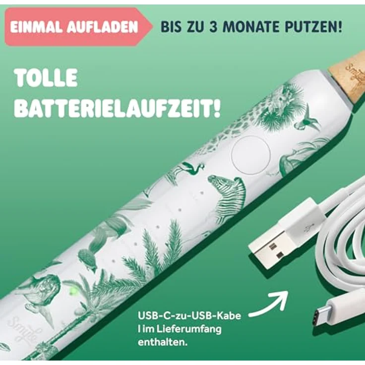 Smyle Schallzahnbürste Jungle-print – mit Sensor, 3 Monate Akkulaufzeit, USB-C-Ladegerät, intelligenter Timer, 5 Putzmodi, wasserdicht – Bild 3