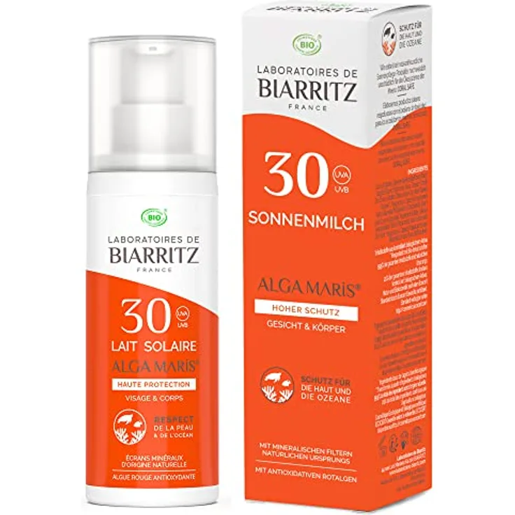 Laboratoires de Biarritz - Sonnenmilch LSF30 ALGA MARIS® mit Bio-Zertifikat - Gesicht und Körper - Leichte und cremige Textur - 100 ml - Made in France