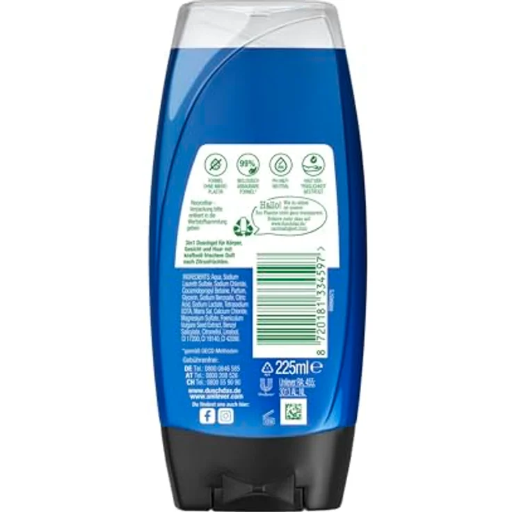 Duschdas 3-in-1 Duschgel & Shampoo Sport Duschbad mit Fresh-Energy-Duftformel 225 ml, kraftvoll-frischer Duft nach Zitrusfrüchten – Bild 2
