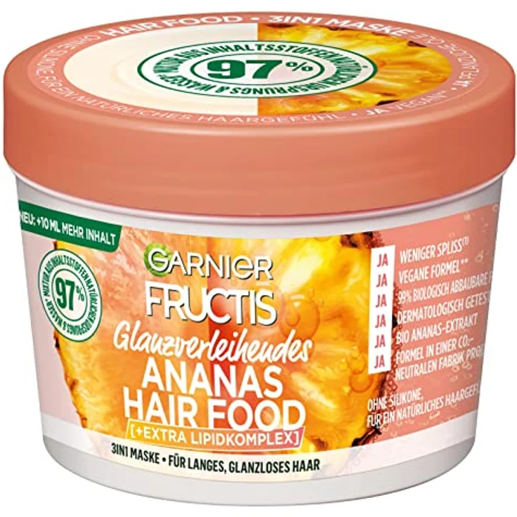 Garnier Ananas 3in1 Haarmaske für langes und stumpfes Haar, Leave In für mehr Glanz und Geschmeidigkeit, Vegane Formel mit natürlichen Inhaltsstoffen, Fructis Hair Food, 1 x 400 ml – Bild 1