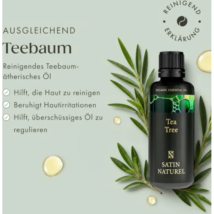 Satin Naturel Teebaumöl 100ml, 100% naturreines ätherisches Öl gegen Pickel, Akne & unreine Haut, für Gesicht, Kopfhaut & Aromatherapie – Bild 2