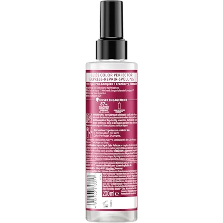 Gliss Kur Express-Repair-Spülung Color Perfector, 200ml, Hitzeschutz bis 230°C, Hyaluron-Komplex & Cranberry-Extrakt, Farbschutz bis 13 Wochen – Bild 2