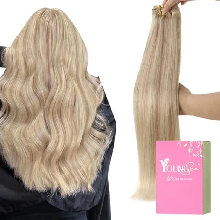 YoungSee Echthaar Extensions Clip 55 cm, Aschblond mit Erdbeerblond Clips, 120g Haarverlängerungen, optimale Gewichtsverteilung, hitzebeständig bis 180 °C – Bild 1