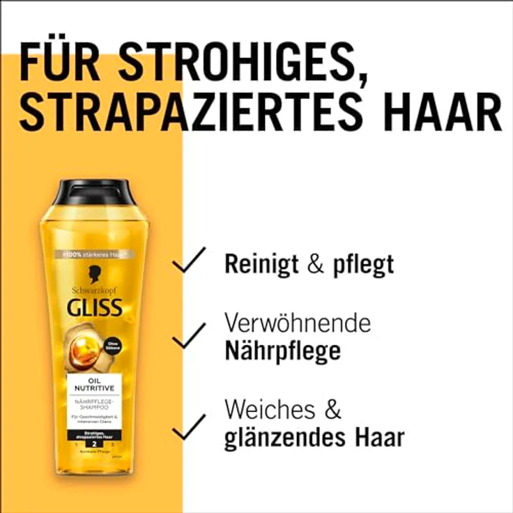 Gliss Shampoo Oil Nutritive (250 ml), Haarshampoo mit Omega 9 & Marula-Öl für strohiges und strapaziertes Haar, sorgt für Geschmeidigkeit und Glanz – Bild 4