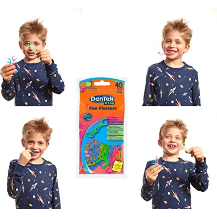 Dentek Fun Flossers Kids - Zahnseide-Sticks speziell für Kinder - mit Fruchtgeschmack - rutschfester Griff - bunte Farben 40 Stück – Bild 3