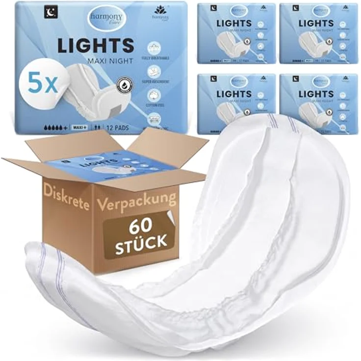 Harmony Care® Lights Maxi Night, Unisex Inkontinenzeinlagen mit 1050ml Saugkraft, Auslaufschutz und Geruchskontrolle, 60 Stück – Bild 1