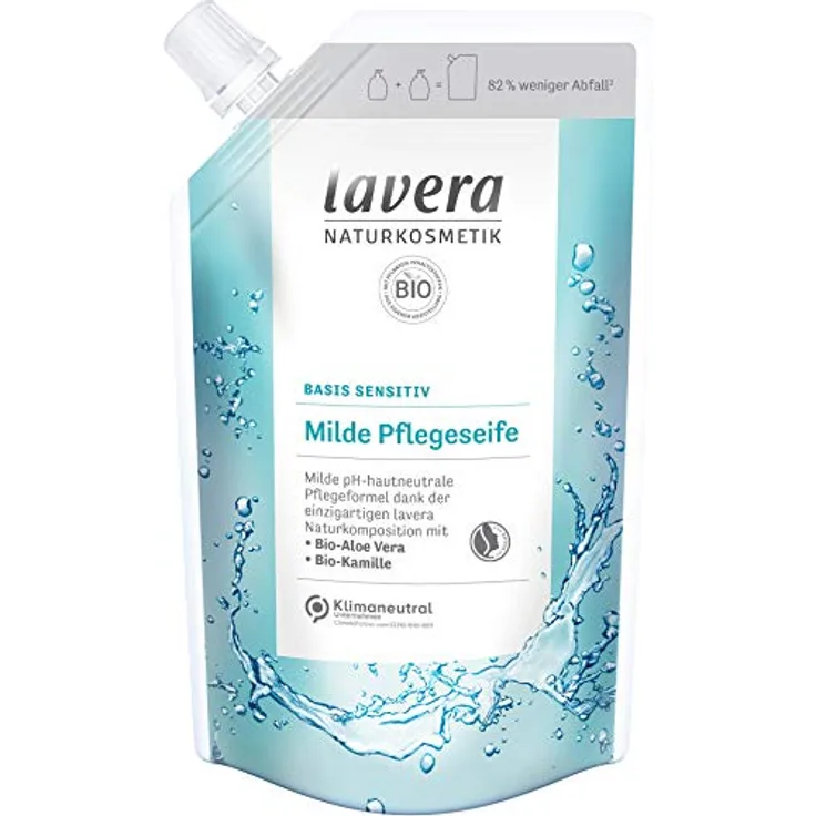 lavera Nachfüllbeutel basis sensitiv milde Pflegeseife - Flüssigseife mit Bio-Aloe Vera & Bio-Kamille - milde Reinigung - für empfindliche & trockene Haut geeignet - vegan - pH-neutral - 6 x 500 ml