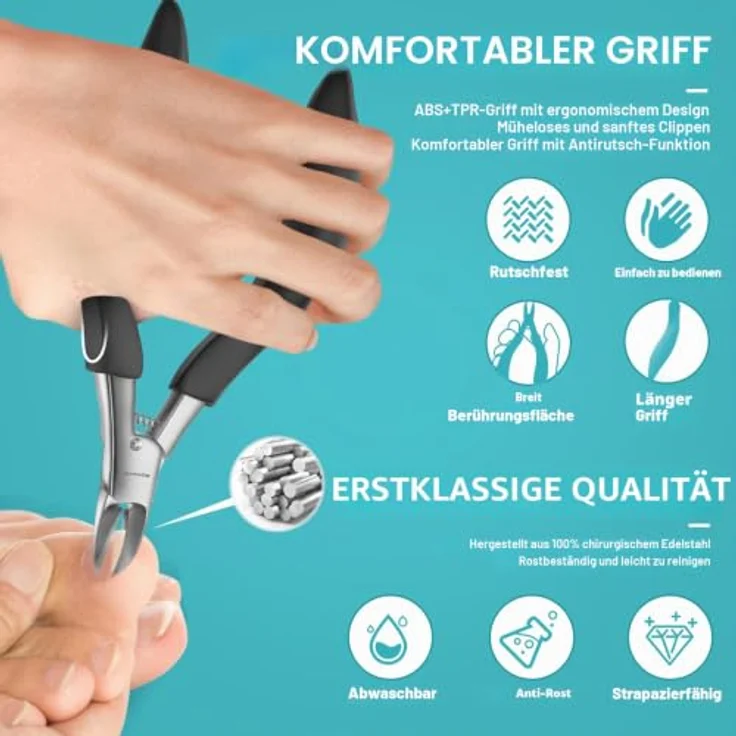 RONAVO Zehennagelschere, Orthopädische Fußnagelzange aus Edelstahl, für tief eingewachsene Nägel, inkl. Ledertasche – Bild 3