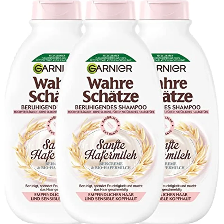 Garnier Wahre Schätze Beruhigendes Shampoo Sanfte Hafermilch für empfindliches Haar und sensible Kopfhaut, 3 x 250 ml