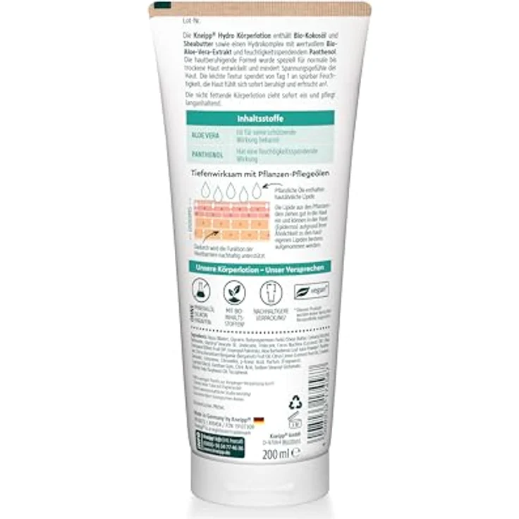Kneipp Hydro Körperlotion - Bodylotion mit Bio Aloe-Vera-Extrakt und Panthenol - 200ml – Bild 2