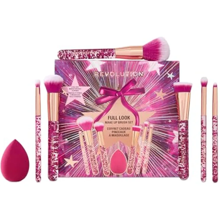 Revolution Beauty London Full Look Makeup Brush Gift Set, 7-teiliges Pinselset in Pink mit Blender-Schwamm, vegan und tierversuchsfrei