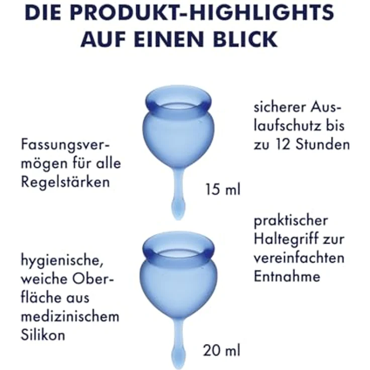 Satisfyer Feel good MENSTRUAL CUP, Menstruationstasse 15 ml & 20 ml, hypoallergenes Silikon, blau, 2 St. – Bild 4