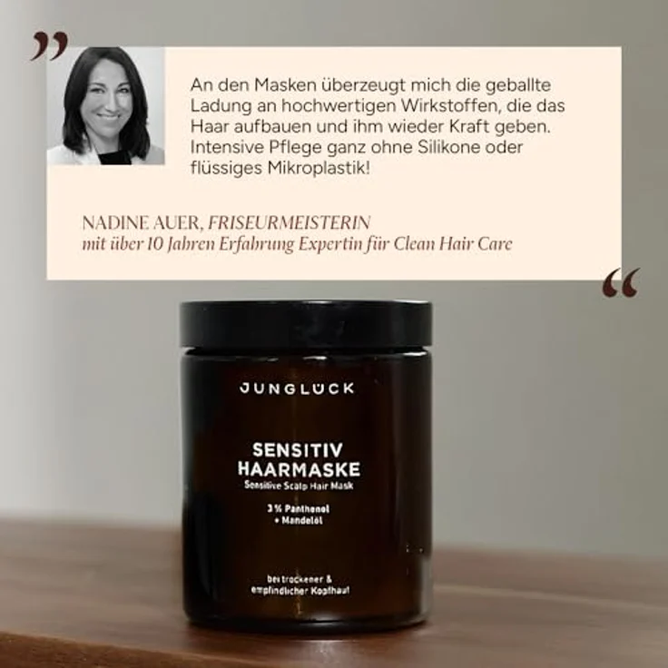 JUNGLÜCK Sensitiv Haarmaske - Vegan, ohne Silikone, natürliche Haarpflege mit BIO Mandelöl & Panthenol, beruhigt empfindliche Kopfhaut, repariert und schützt ohne auszutrocknen – Bild 2