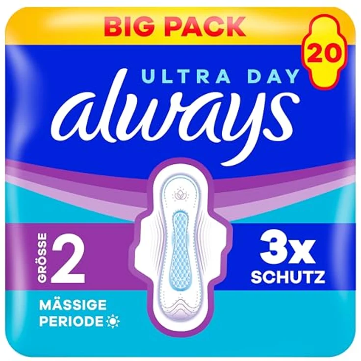 Always Ultra Damenbinden Mässige Periode (Größe 2) mit Flügeln, 20 Stück, super absorbierend, ultradünn, OdourLock-Technologie, recycelte Materialien – Bild 1