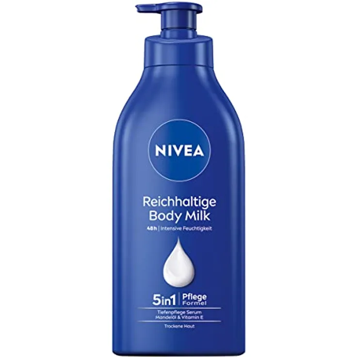 NIVEA Reichhaltige Body Milk (625 ml), für 48h Feuchtigkeitspflege, Lotion mit 5 in 1 Formel für trockene Haut mit Tiefenpflege Serum, Mandelöl und Vitamin E