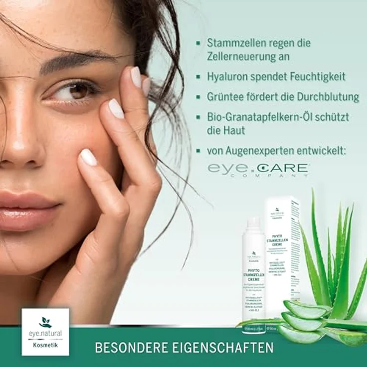 EYE CARE COMPANY Eye Natural Anti-Aging Stammzellencreme, vegane Augencreme mit Aloe Vera, Granatapfel-Öl, Hyaluron und Grüntee-Extrakt, 50ml, gegen Tränensäcke und Augenringe – Bild 2