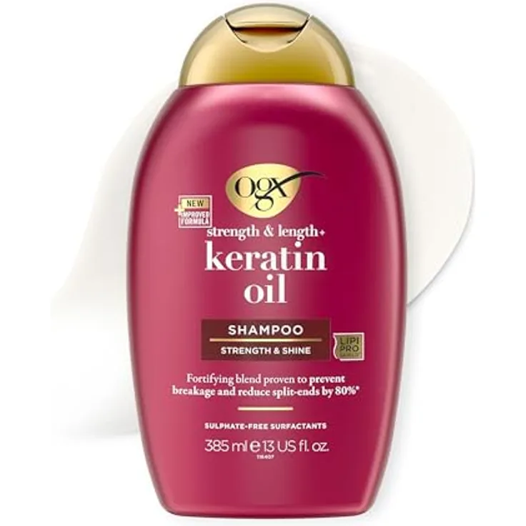 OGX Keratin Oil Shampoo, kräftigendes Anti-Haarbruch Shampoo mit Keratin Öl, reduziert Spliss um bis zu 80%, 385ml