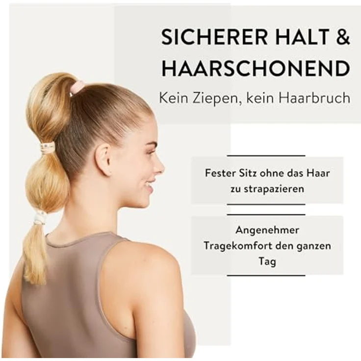 PARSA Beauty Signature Zopfhalter, mehrfarbige Haargummis in Nude-Tönen, sanfte Struktur, sicherer Halt ohne Haarbruch, mit Satinbanderole und Signature Icon – Bild 4