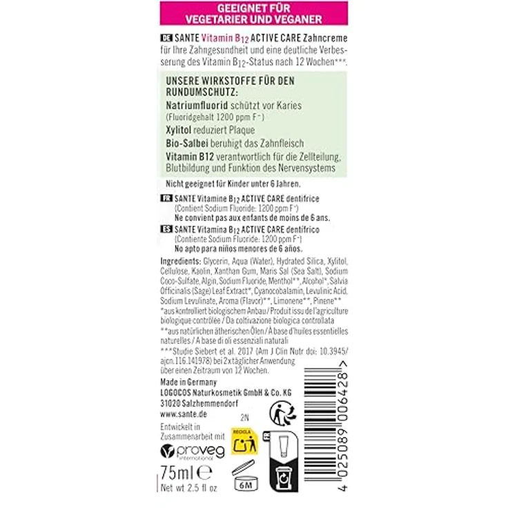 SANTE Active Care Vitamin B12 Zahncreme, 75 ml, mit Xylitol und Bio-Salbei, Fluoridgehalt 1200ppm – Bild 2