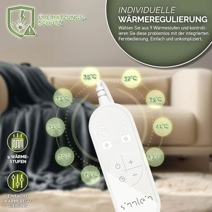 sinnlein Heizdecke aus Plüsch 200 x 180 cm grau elektrische Wärmedecke mit Abschaltautomatik und Timer 9 Temperaturstufen waschbar – Bild 6