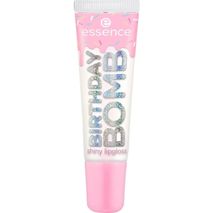 Essence Shiny Lipgloss CAKE MY DAY!, 10 ml mit rosafarbenen Glitzerpartikeln und süßem Geburtstagskuchenduft