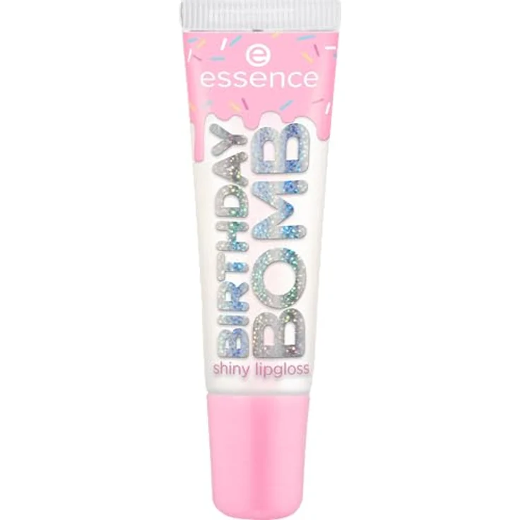Essence Shiny Lipgloss CAKE MY DAY!, 10 ml mit rosafarbenen Glitzerpartikeln und süßem Geburtstagskuchenduft – Bild 1