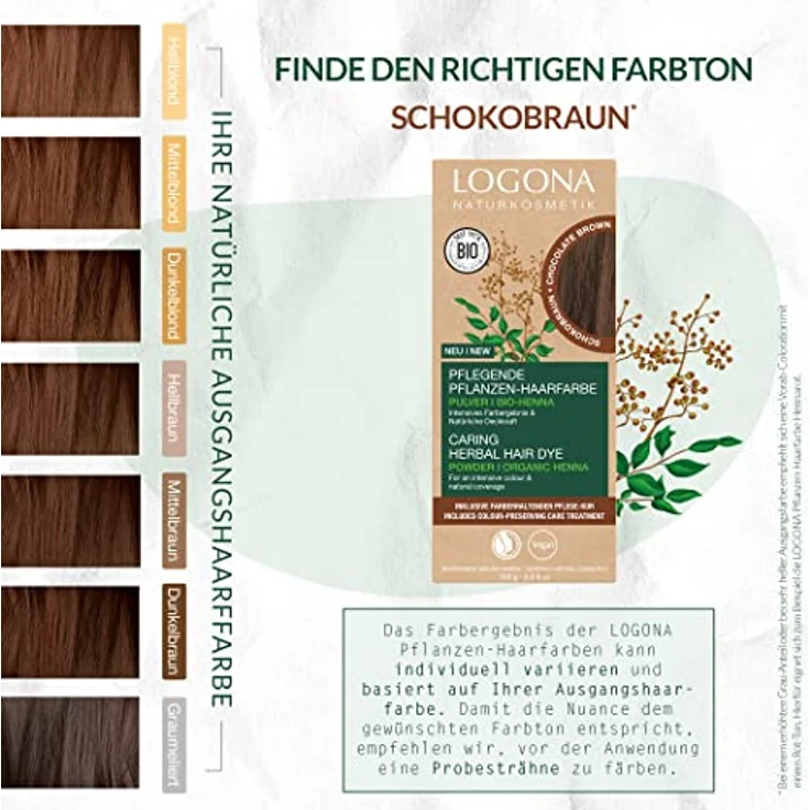 LOGONA Naturkosmetik Pflegende pflanzliche Haarfarbe, Veganes Haarfarbe-Pulver mit Bio-Henna für intensive Farbe und Glanz, Pflanzenhaarfarbe in Schokobraun (Braun), 1 x 100g – Bild 5