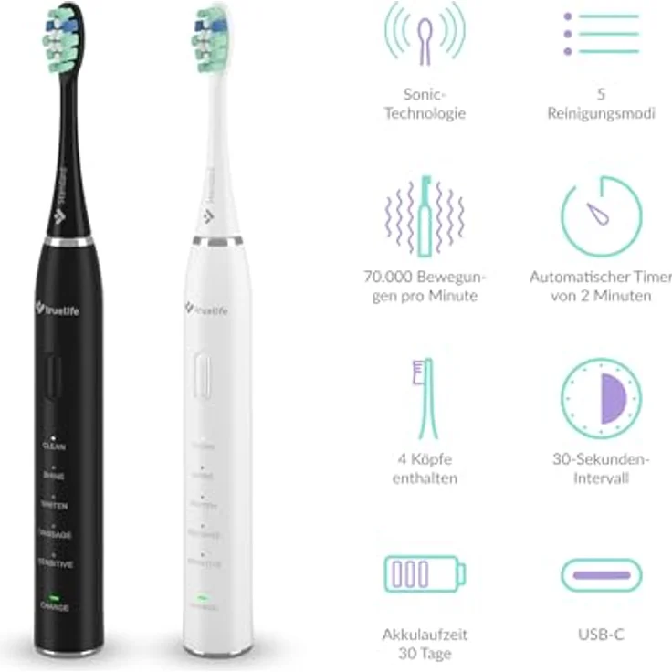 TrueLife SonicBrush Clean30 Duo Schallzahnbürste für Damen, 2er Pack, weiß – Bild 4