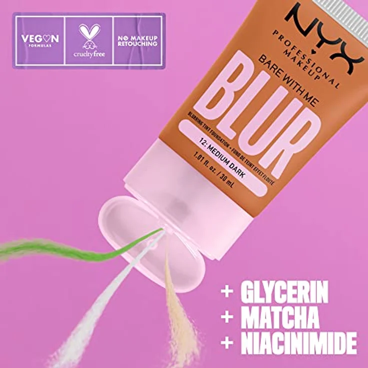 NYX Professional Makeup Weichzeichnende Foundation mit mittlerer Deckkraft und mattem Finish, Bis zu 12 Stunden Pflege und Feuchtigkeit, Mit Niacinamiden, Bare with Me, Farbe: Medium Dark, 1 x 30 ml – Bild 2