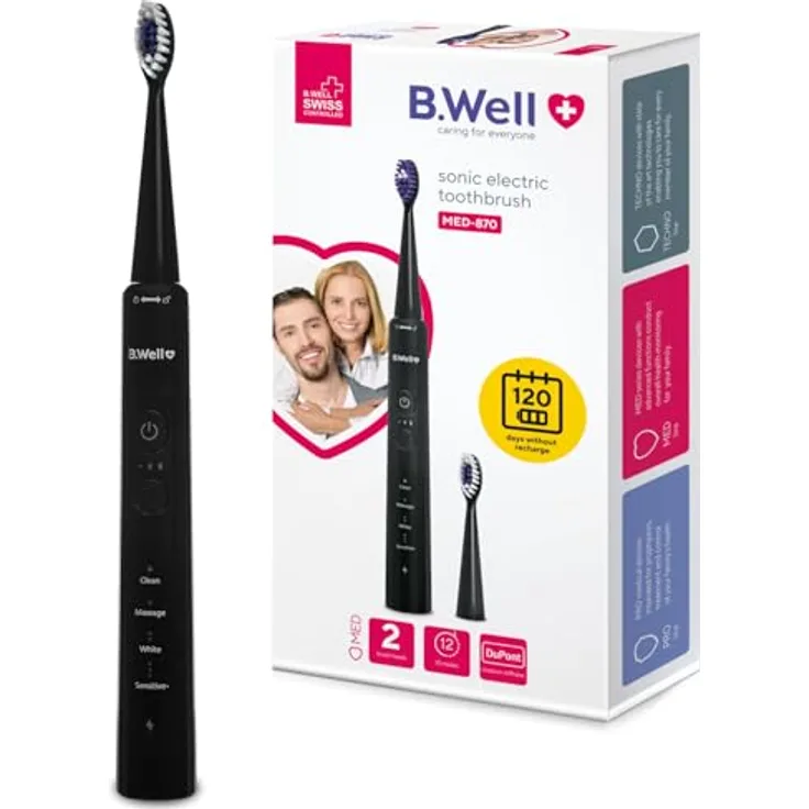 B.Well Sonic MED-870, Elektrische Zahnbürste mit Schalltechnologie, Schwarz, mehrere Bürstenmodi und lange Akkulaufzeit