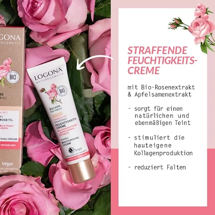 LOGONA Naturkosmetik straffende getönte Feuchtigkeitscreme, glättende Gesichtscreme mit veganem Bio-Rosenextrakt und Kollagen, Anti Aging Wirkung, Moisture Lift, 30ml – Bild 3