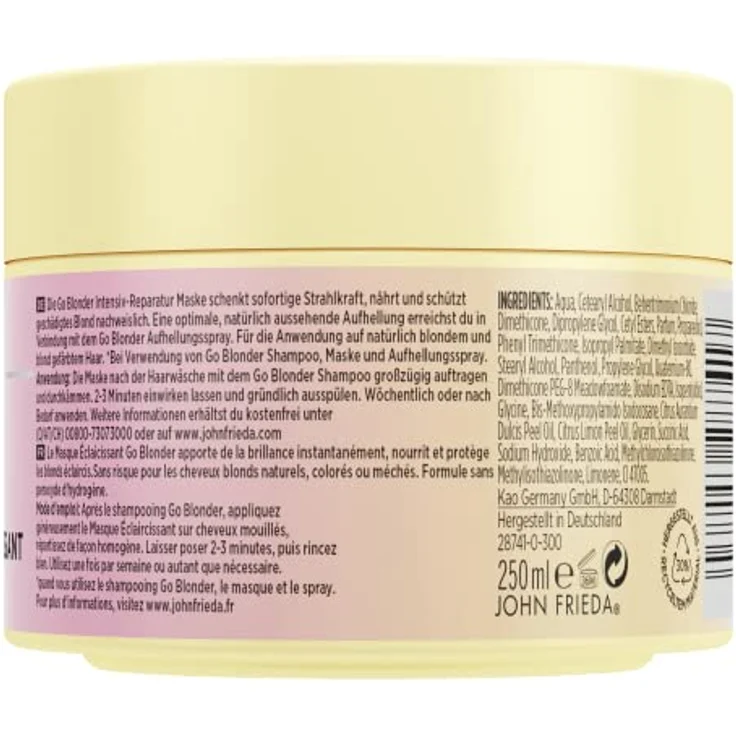 John Frieda Go Blonder Maske - Inhalt: 250 ml - Intensiv-Reparatur Haarkur - Haartyp: Blond, blondiert - Schützt vor Haarschäden – Bild 2