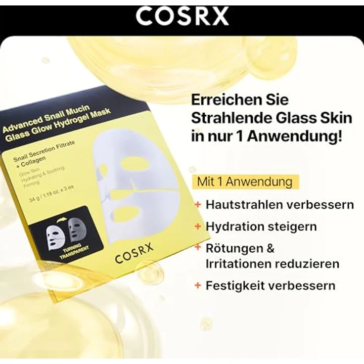 Cosrx Advanced Snail Mucin Glass Glow Hydrogel Mask, 3er-Set (34 g), intensiv hydratisierende Gesichtspflege, Glass Skin-Finish, Anti-Aging, für alle Hauttypen – Bild 3