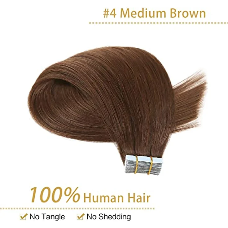 YILITE Tape Extensions Echthaar, Mittelbraun 50cm, 20 Stück/Packung, 50g, Invisible Seidig Gerade Skin Weft – Bild 2