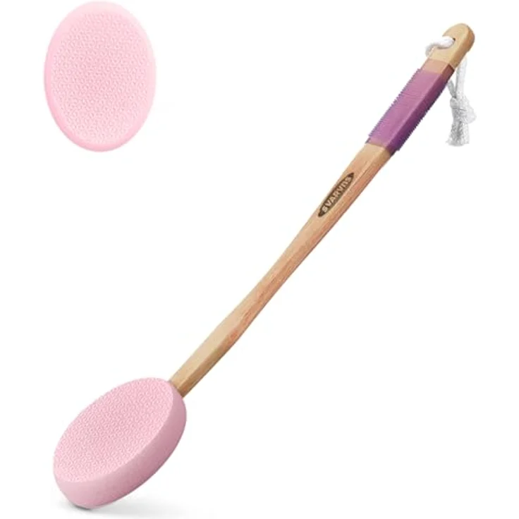 Svarvns Eincremehilfe Lotion-Applikator für Rücken/Füße/Beine, 17" langer Kunststoffgriff, 2 austauschbare Pads, rutschfester Griff, rosa – Bild 1