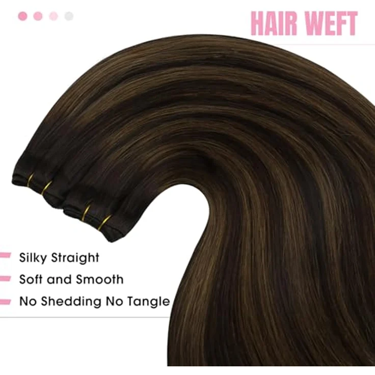 YoungSee Echthaar Tressen 35cm, Braun Ombre, 70g Weave Extensions, Remy Glatt für Damen, verwicklungsresistent, eingenähte Befestigung – Bild 4