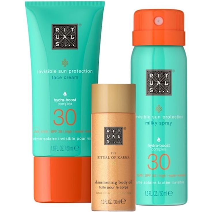 RITUALS The Ritual Of Karma Trial Set, Sonnenschutz Damen mit 30er UV-Schutz, inkl. Sun Protection Milky Spray und Shimmering Body Oil, 130 ml