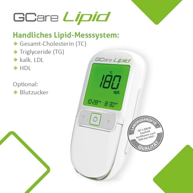GCare LIPID Cholesterin Messgerät, Blutfett Messsystem für Zuhause mit 10 Teststreifen und 50 Stechhilfen, präzise Ergebnisse für Gesamtcholesterin und Triglyceride – Bild 4