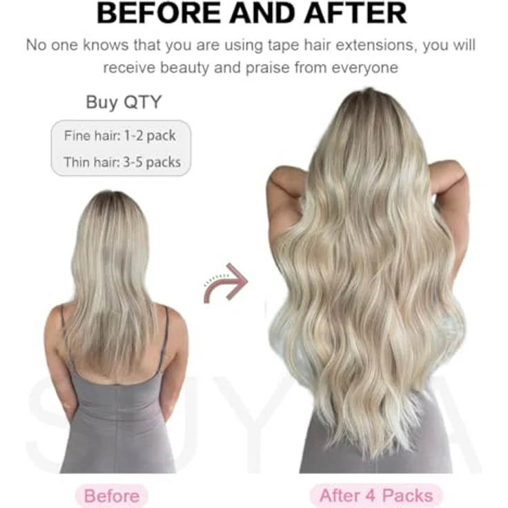 SUYYA Tape Extensions Echthaar, Invisible Tape in Extensions, seidig glatt, Remy Haarverlängerungen, 22 Zoll, 20 Stück, 50G, #1 Tief Schwarz – Bild 5