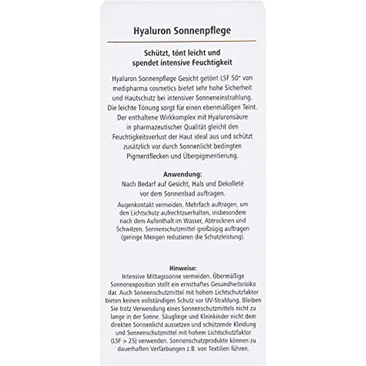 Medipharma Cosmetics, Hyaluron Sonnenpflege Gesicht Creme Lsf 50+ Getönt 100 G – Bild 2
