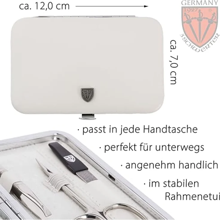 DREI SCHWERTER Maniküreset 'Genova', 6-tlg. Nagelpflegeset in weissem Kunstlederetui, inkl. Nagelschere, Hautschere, Nagelknipser, Glas- und Saphirnagelfeile, Pinzette – Bild 4