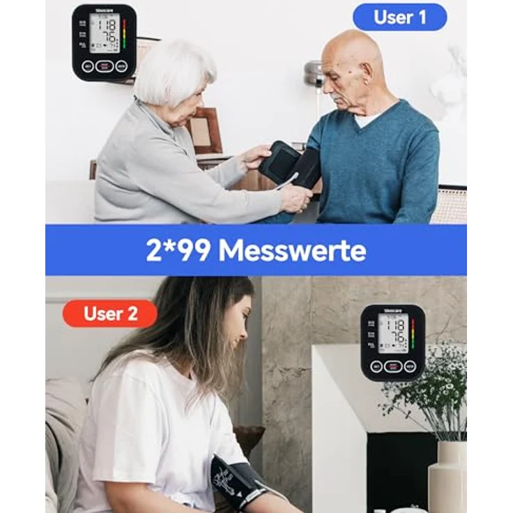 Sinocare Blutdruckmessgerät Oberarm ARM-30E+, Klinisch Validiert, 2 Nutzerprofile mit 2x99 Speicher, Ein-Knopf-Bedienung, XL-Manschette (22-42 cm), Arrhythmia Detection – Bild 2